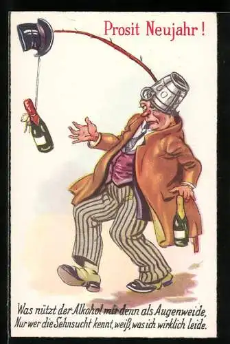 Künstler-AK Neujahresgruss, Betrunkener mit Sektflasche vor der Nase, Trinkerhumor