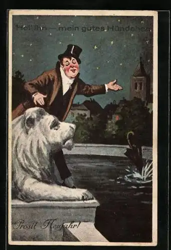 AK Hol` ihn - mein gutes Hündchen, Betrunkerner verwechselt Statue mit einem Hund und wirft Schirm in den Brunnen