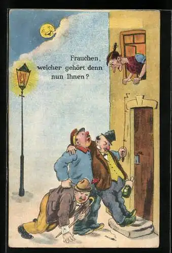 Künstler-AK Frauchen, welcher gehört denn nun Ihnen? Bote schleift zwei Betrunkene vor einer Haustür