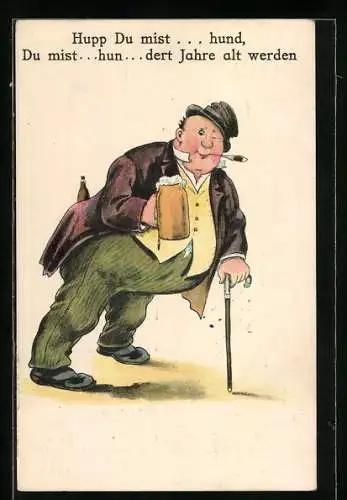 Künstler-AK Betrunkener mit Bierkrug stützt sich auf seinem Gehstock ab und lallt