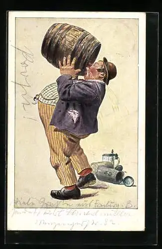 Künstler-AK Reklame Pilsner Urquell, Trinker mit Bierfass