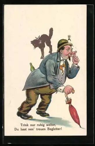 Künstler-AK Trink nut ruhig weiter, Du hast nen` treuen Begleiter, Kater, Trinkerhumor