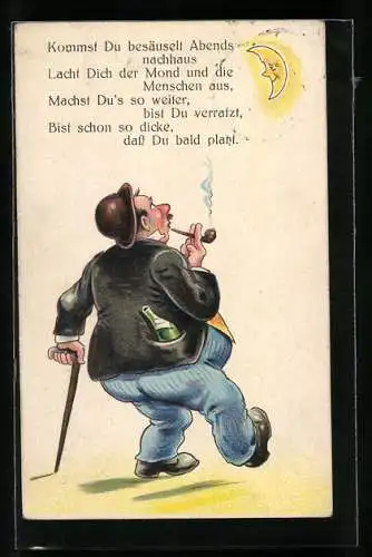 Künstler-AK Trinkerhumor, angesäuselter Mann geht nach Hause