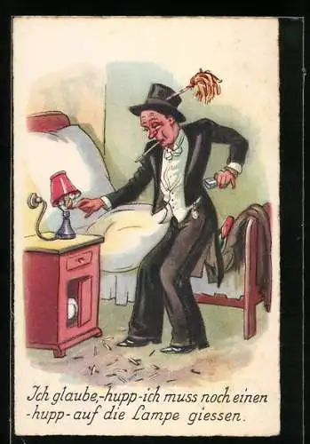 AK Betrunkener zündet mit Streichholz die Lampe an, Trinkerhumor