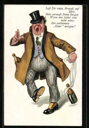 Künstler-AK Betrunkener mit Sektflaschen, Trinkerhumor