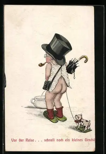 Künstler-AK Vor der Reise, schnell noch ein kleines Geschäft, Knabe pinkelt in einen Nachttopf