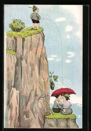 Künstler-AK Frecher Bube pinkelt von einem Berg auf Bergsteiger herab