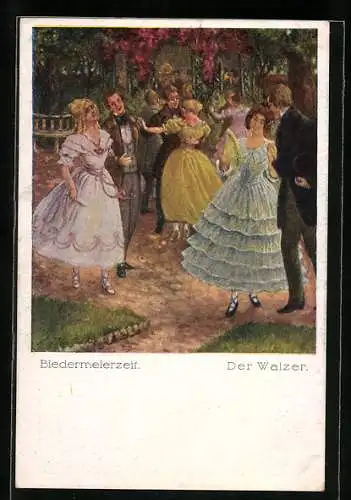 Künstler-AK Biedermeierzeit, Paare tanzen den Walzer