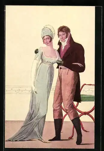 AK Hamburger Trachten aus dem Anfang des 19. Jahrhunderts, Modebild von 1802, Liebespaar