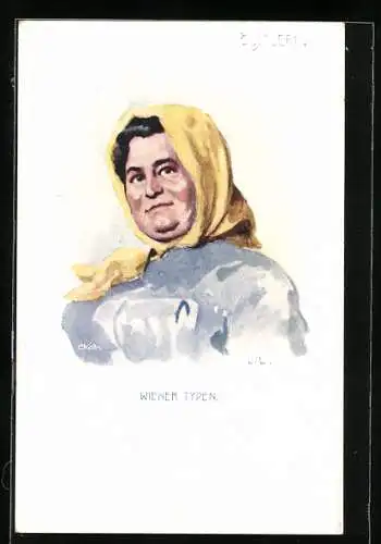 Künstler-AK Wiener Typen, Öbstlerin mit Kopftuch