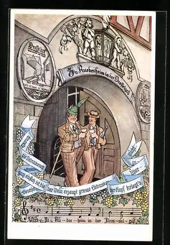 Künstler-AK Zu Rueseheim in der Drosselgass, Gasthaus Drosselhof, zwei Herren verlassen mit Wein das Lokal
