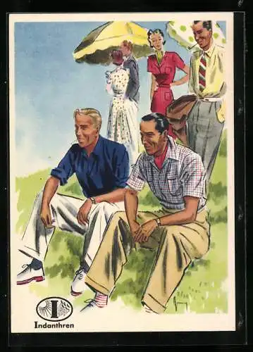AK Reklame für Indanthren, Farbenfrohe Stoffe, Männer und Frau auf der Wiese in Sommerbekleidung