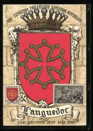 AK Carcassonne, VIII. Exposition Philatelique Languedoc-Roussillon 1960, Wappen und Briefmarken