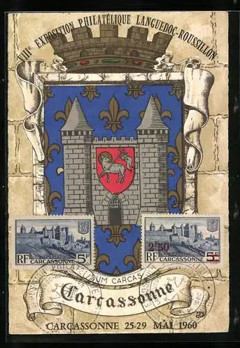 AK Carcassonne, VIII. Exposition Philatelique Languedoc-Roussillon 1960, Wappen und Briefmarken