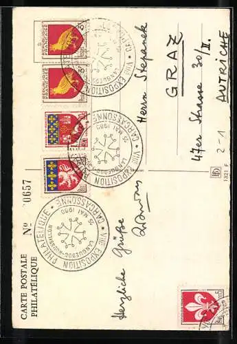 AK Carcassonne, VIII. Exposition Philatelique Languedoc-Roussillon 1960, Wappen und Briefmarken