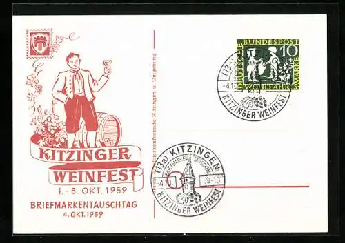 AK Kitzingen, Weinfest & Briefmarkentauschtag 1959, Winzer mit Weinglas