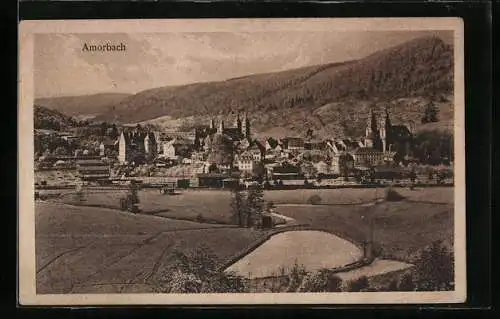 AK Amorbach, Ortsansicht mit Teich und Bergen