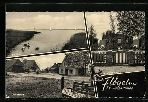 AK Flögeln, Ehrenmal, Dorfpartie und See-Ansicht