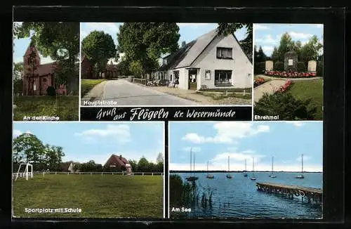 AK Flögeln /Wesermünde, Sportplatz mit Schule, Ehrenmal, Hauptstrasse