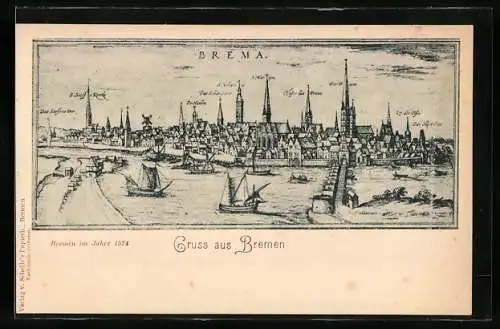 AK Bremen, Totalansicht des Ortes im Jahre 1574