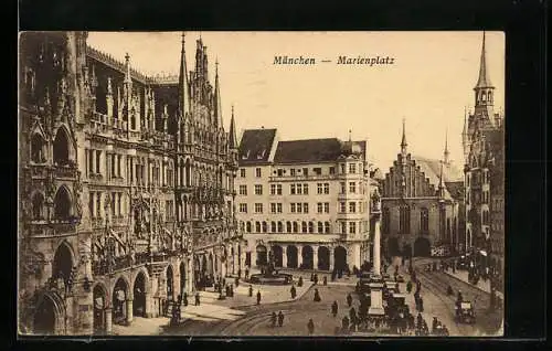 AK München, Marienplatz mit Brunnen und Säule
