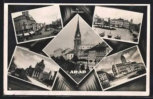 AK Arad, Strassenpartie mit Denkmal, Kirchenpartie, Marktplatz
