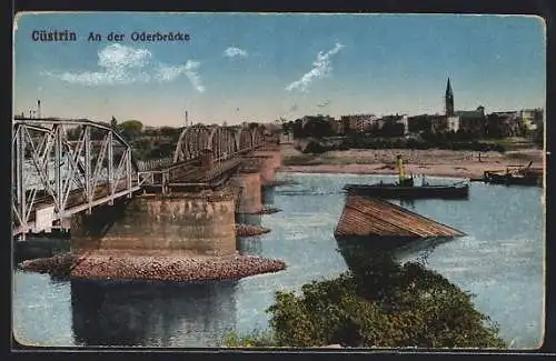 AK Cuestrin / Kostrzyn, Blick auf die Oberbrücke mit Dampfern