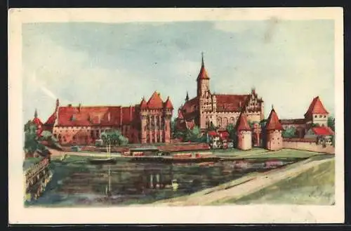 Künstler-AK Marienburg / Malbork, Blick über die Weichsel zur Burg
