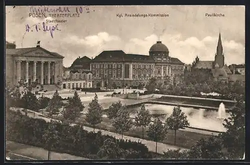 AK Posen, Theaterplatz mit Stadttheater, Paulikirche und Kgl. Ansiedelungs-Kommission