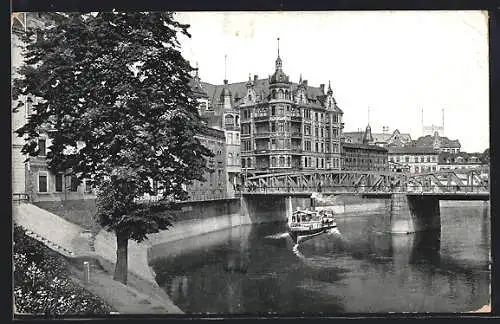 AK Posen, Wallischeibrücke mit Dampfer