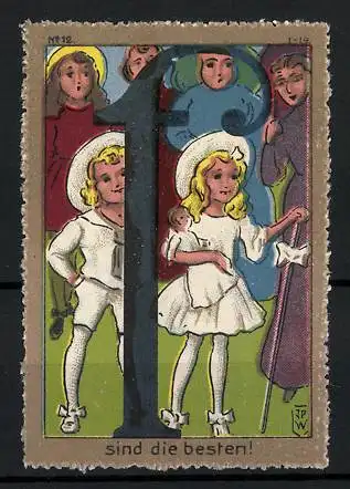 Künstler-Reklamemarke Johann Peter Werth, Serie mit Buchstabe F, Kinderpaar in weisser Kleidung