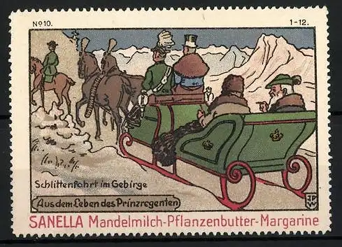Künstler-Reklamemarke Johann Peter Werth, Serie: Aus dem Leben des Prinzregenten, Bild 10, Schlittenfahrt im Gebirge