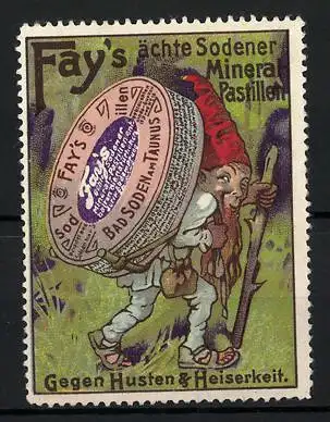 Reklamemarke Fay`s ächte Sodener Mineral-Pastillen, gegen Husten & Heiserkeit, Zwerg mit grosser Dose auf dem Rücken