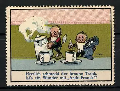 Künstler-Reklamemarke Fritz Reiss, Aecht Franck Kaffeezusatz, Zwerge giessen sich Kaffee ein