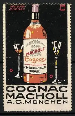 Künstler-Reklamemarke Sigmund von Suchodolski, Deutscher Cognac Macholl, AG München, Flasche und Gläser