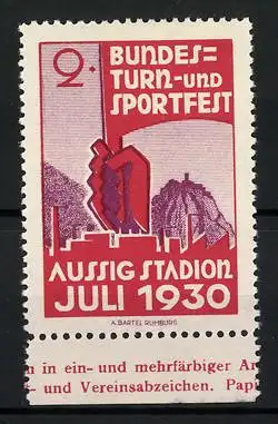 Reklamemarke Aussig, 2. Bundes-Turn- und Sportfest 1930, Hand hält Flagge