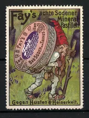 Reklamemarke Fay`s ächte Sodener Mineral-Pastillen, gegen Husten & Heiserkeit, Zwerg mit Dose beim Wandern