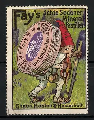 Reklamemarke Fay`s ächte Sodener Mineral-Pastillen, gegen Husten & Heiserkeit, Zwerg mit Dose beim Wandern