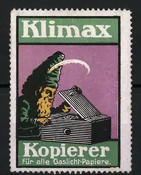 Reklamemarke Klimax Kopierer für alle Gaslicht-Papiere, Zwerg am Kopierer