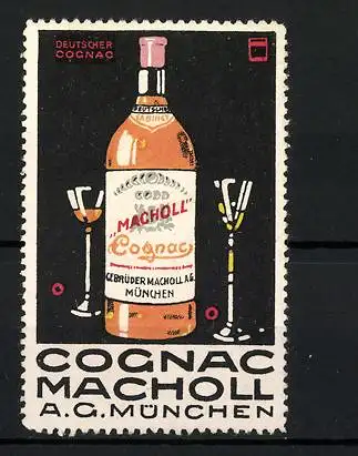 Künstler-Reklamemarke Ludwig Hohlwein, Deutscher Cognac Macholl AG München, Flasche und Gläser