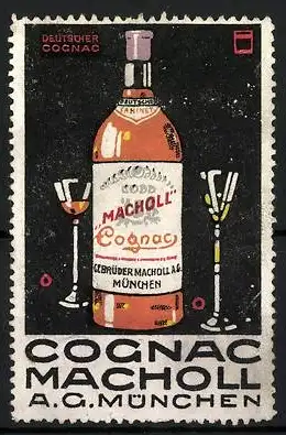 Künstler-Reklamemarke Ludwig Hohlwein, Deutscher Cognac Macholl AG München, Flasche und Gläser