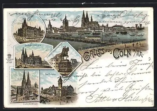 Lithographie Cöln, Bahnhof, Dom, Post, Gesamtansicht