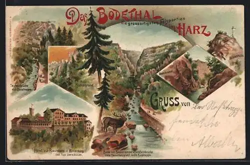 Lithographie Thale / Harz, Hotel zur Rosstrappe, Bodekessel, Hirschgrund