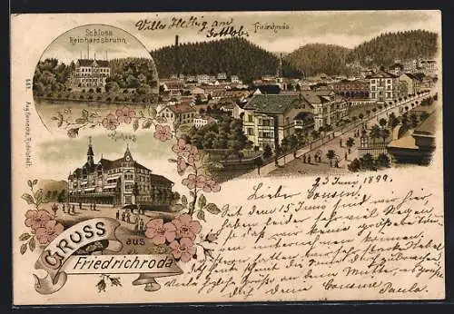 Lithographie Friedrichroda, Kurhotel, Schloss Reinhardsbrunn, Totalansicht