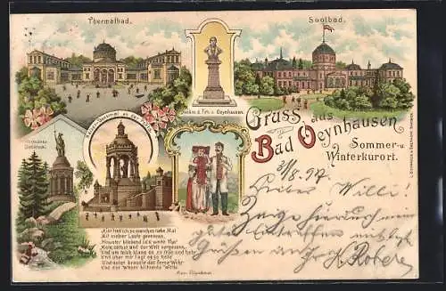 Lithographie Bad Oeynhausen, Thermalbad, Soolbad, Hermanns-Denkmal, Kaiser-Denkmal an der Porta