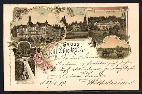 Lithographie Friedrichroda, Klostermühle, Kurhaus, Tanzbuche