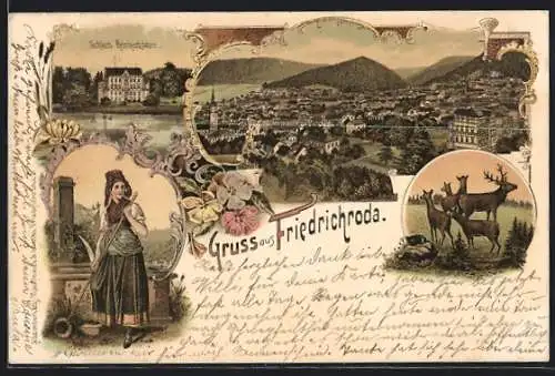 Lithographie Friedrichroda, Totalansicht, Schloss Reinhardsbrunn, Frau in Tracht