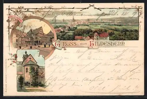 Lithographie Hildesheim, Andreasplatz, 1000jähriger Rosenstock, Ortsansicht