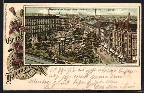 Lithographie Hannover, Theaterplatz und Georgenstrasse vom Dache des Hoftheaters aus gesehen