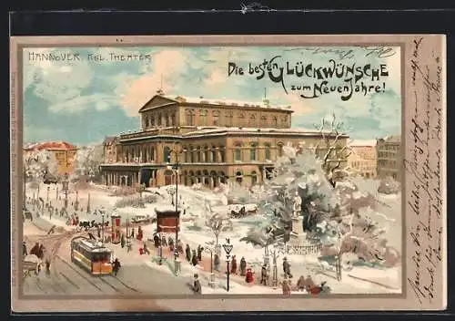 Winter-Lithographie Hannover, Kgl. Theater, Strassenbahn